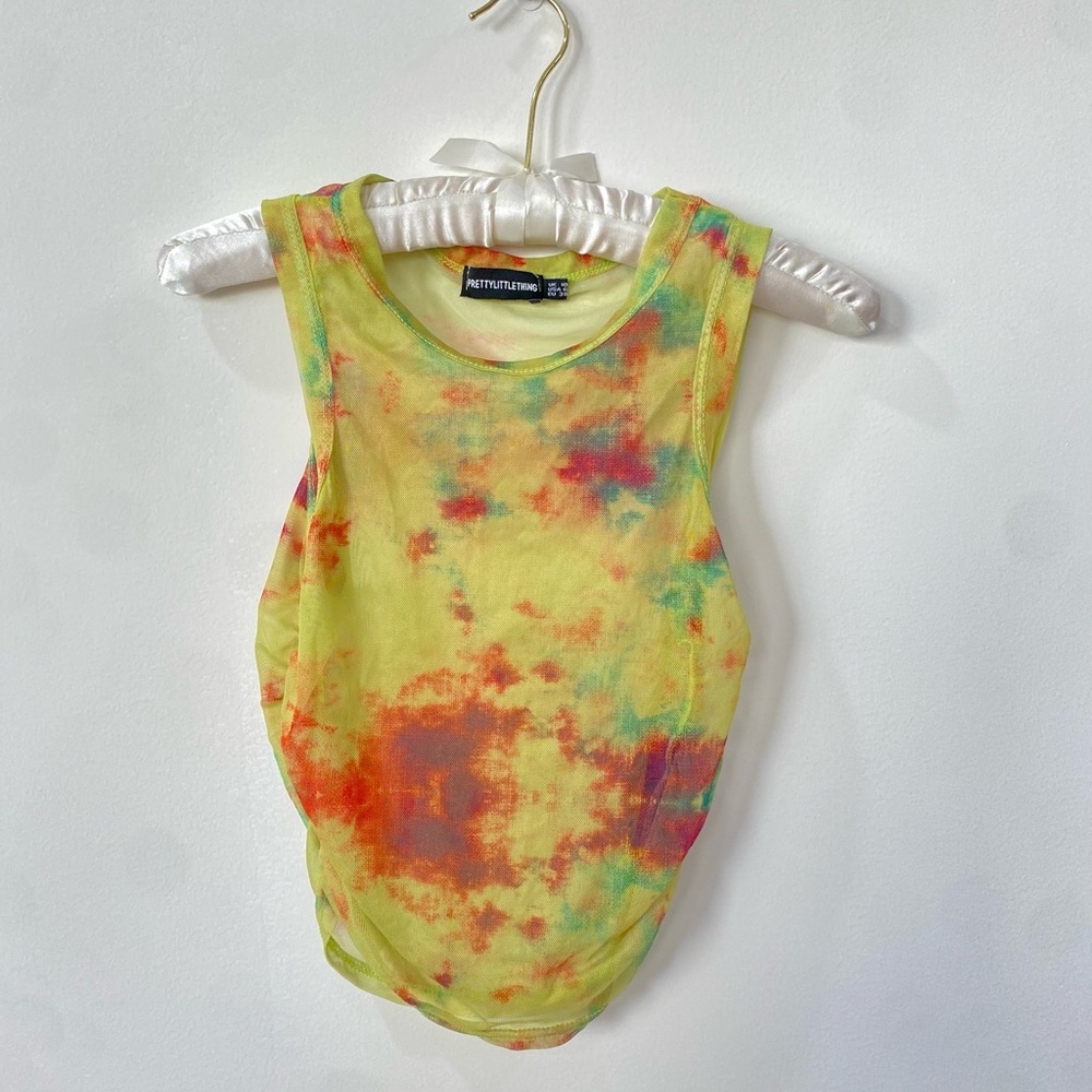 Chartreuse/multicolored Mesh sleeveless top ruched sides